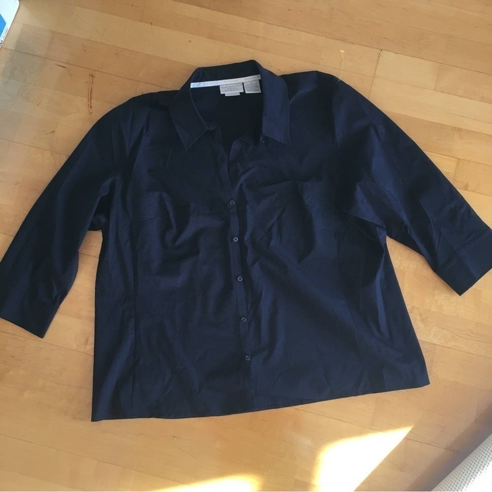 Worthington Woman Stretch V-Neck Button Down Shirt, Navy, Size 2X